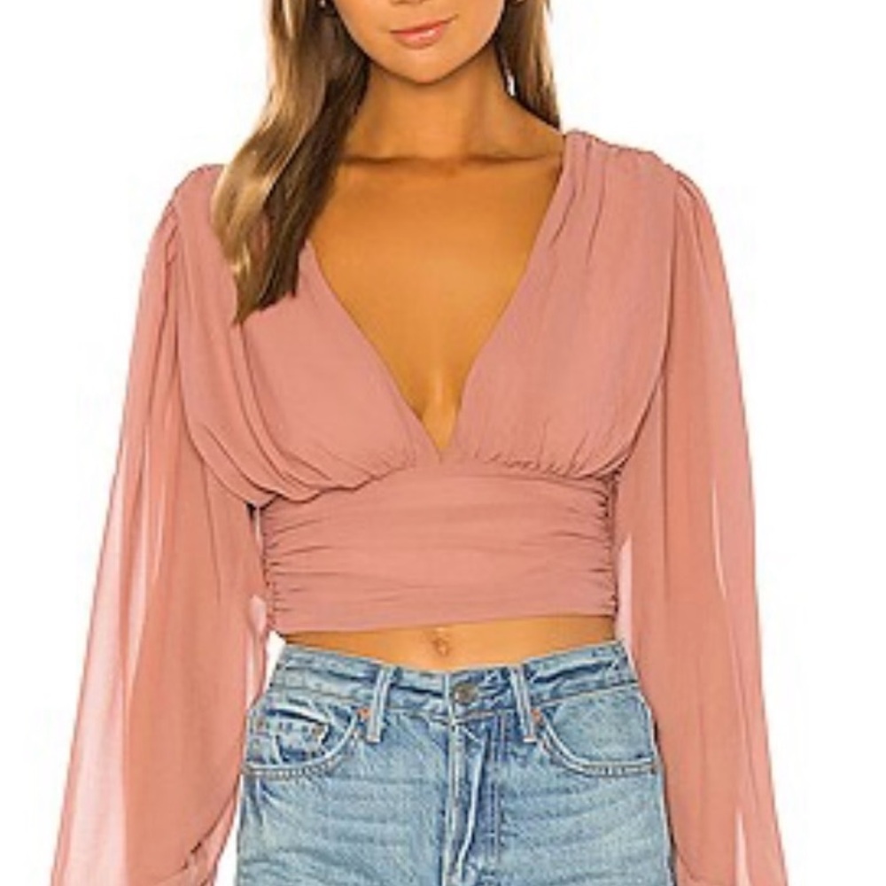 NBD Pink Ruched Crop Blouse with Long Sleeves